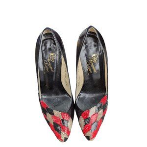 VTG ROSINA FERRAGAMO SCHIAVONE Elsa Sunny Black Red Pumps 7.5 Damaged
